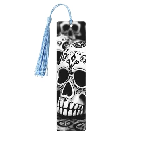 タッセル付き木製しおり ヴィンテージ木製しおり 白黒頭蓋骨 ファンシー ハンドメイド クラフトブックマーク 読書ページマーカー 木製吊り下げタグ オーナメント 本好き向け