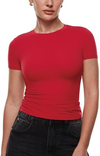 INLYRIC Camisetas femininas de manga curta com forro duplo e gola...