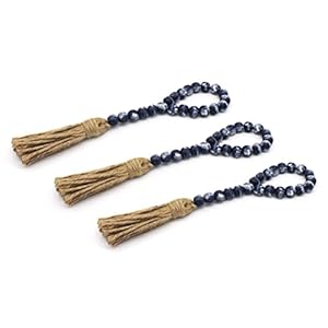CVHOMEDECO Wood Bead Garland with Tassels 3 PCS Farmhouse Rustic Wooden Prayer Beads String Wall Hanging Accent for Home Festival Decoration Navy Blue Stained