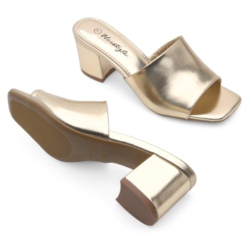 Image of Herstyle Square Open Toe Heeled Sandals for Women 2.5 Inch Low Block Chunky Heel Sandals Slip-On Mules Comfortable Dress Shoes for Party Wedding Office