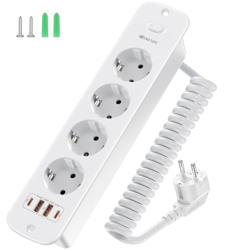 Prise escamotable avec 4 ports USB (2 x USB-A + 2 x Type-C) et interrupteur, prise encastrable pour table avec câble spirale de 2 m, 4000 W/16 A, pour bureau,...