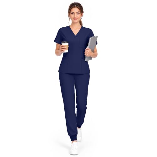 Image of SUNME Scrubs for Women Set, V Neck Top & Jogger Pants with 9 Pockets