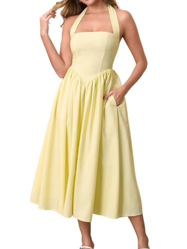 Parthea Damen Floral Neckholder Korsett Midi Kleid 2026 Elegant gesmokt Flowy Hochzeit Gäste Kleider mit Taschen, gelb, Klein