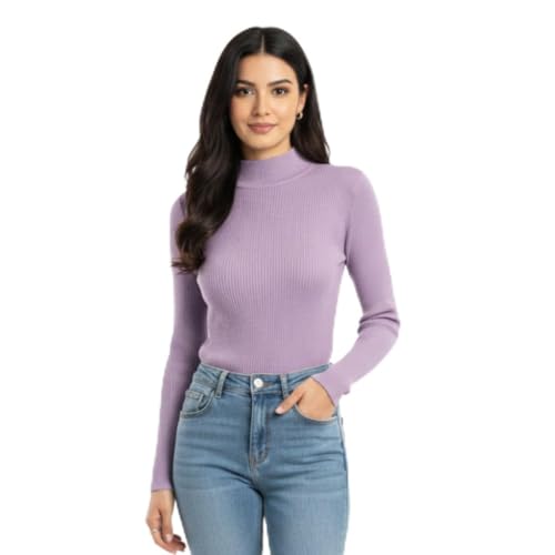 Image of Women Ribbed High Neck Full Sleeve Pullover Sweater|Solid Stretchable Slim Fit Winter Wear Top for Casual & Office Use