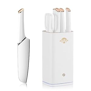 Smart Kitchen Knife Set with block，6 pieces Stainless Steel knives Built-in sharpening rod. Smart Knife block keep cleaning and drying，kitchen smart gadgets smart kitchen appliances (White)