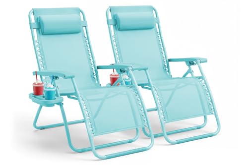 KEPLIN Set of 2 Heavy Duty Zero Gravity Chairs Padded Garden Recliners with Locking System 160 Recline Adjustable Pillow Removable Tray with Cup & Phone Holders 110kg Capacity (Teal)