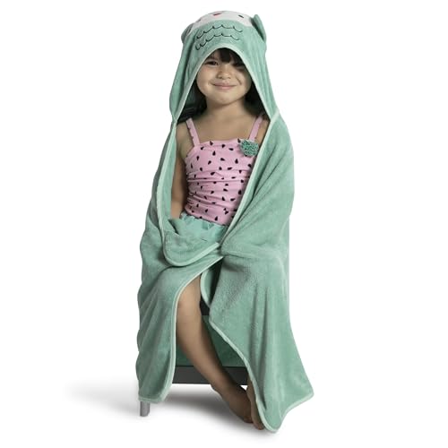 Image of Delta Children Personalized Kids Hooded Bath Towel with Pockets - Super Soft and Absorbent- Great Gift for Boys and Girls, Light Teal Owl