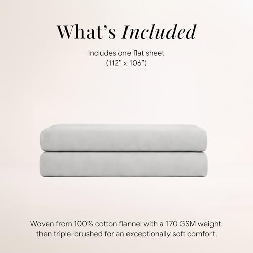 Image of Tribeca Living King Cotton Flannel Flat Sheet Only 170-GSM - Oversized 112 x 106 Inch Dimensions for Generous Bed Coverage - Soft Breathable Bedding in Silver Grey