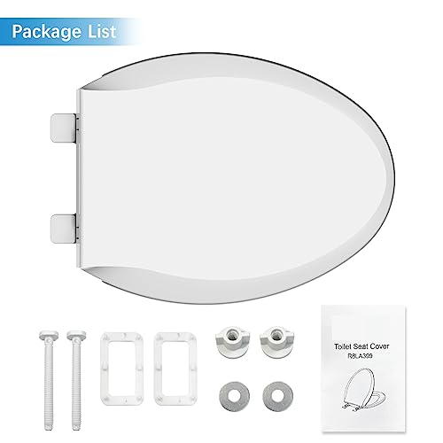 Durable Elongated Toilet Seat with Slow Soft Close - Easy to Install and Clean, Never Loosens - White, Fits Most Elongated Toilets