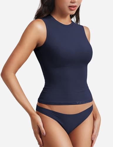 Image of YEOREO Women Basic Mock Neck Workout Crop Top Sleeveless Double Lined Tank Tee Slim Fitted Ruched Going Out Camisole