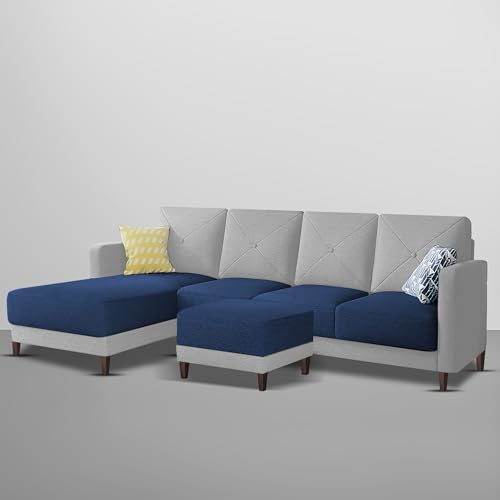 Image of Baloney LHS 6 Seater L Shape Sofa Set with Center Table for Living Room (Blue Grey Fabric) Premium Fabric Sofa
