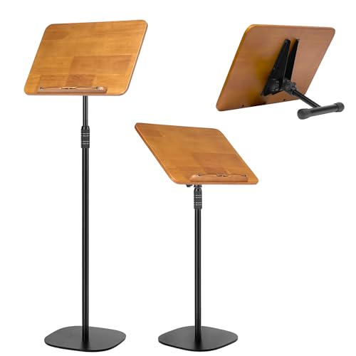 100% Solid Wood 5 in 1 Dual-use Sheet Music Stand & Desktop Book Stand, Height Adjustable from 23.6-59 in, Floor Reading Stand with Page Clip for Cookbooks, Sheet Music, Projector (with a T-Shaped)