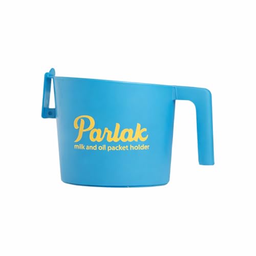 Image of Milk and Oil Packet Holder, Black Plastic Kitchen Organizer with Handle, Cylindrical Spill-Proof Pouring Container (Blue, Small)