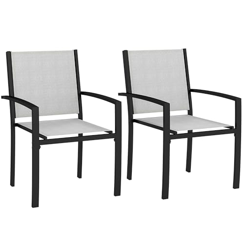 Outsunny Lot de 2 chaises de Jardin chaises empilables d'extérieur avec accoudoirs, Cadre en Acier pour Jardin, Piscine, terrasse, Gris Clair
