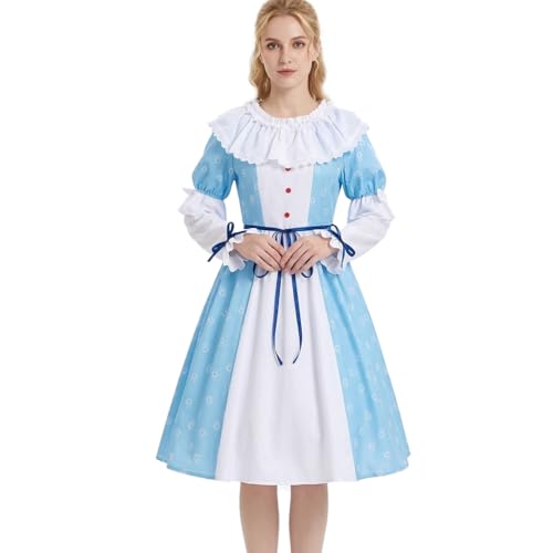 Robe de soubrette à col à volants et manches bouffantes bleu