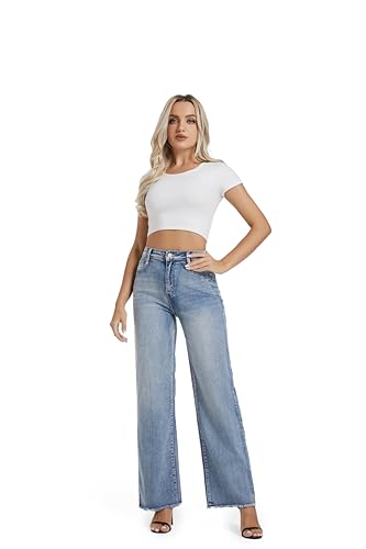 Guale Women's High-Waisted Wide Leg Stretch Jeans Raw Hem