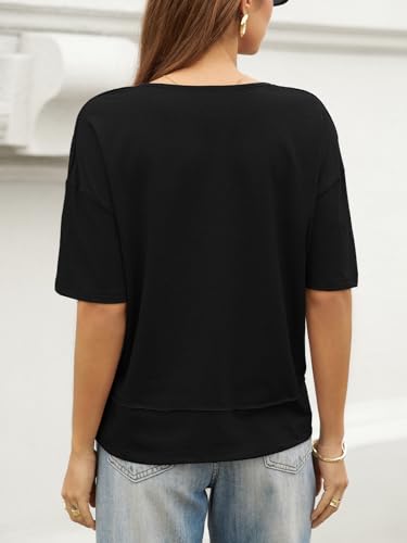 Image of UNCLECAT Womens V Neck T Shirts Summer Trendy Loose Fit Casual Tops Tees | Short sleeve, Spliced hem, Flowy graphic tees,Solid color cute basic t-shirts