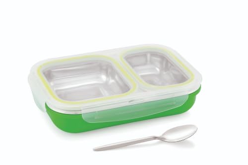 Image of Bento Lunch Box 550ml, Stainless Steel Lunch Box with 2 Compartments & Spoon, Microwave Safe BPA Free Tiffin Box, Leak Resistant Lunch Box for Kids & Adults, Office, School & Travel Green