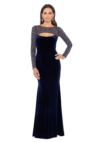 Betsy & Adam Women's Long Stretch Velvet Illusion Shrug Beaded Sleeve Gown