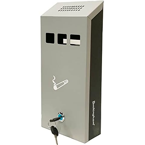Buckingham Wall Mounted Outdoor Cigarette Bin, Ashtray , Ash Bin, Heavy Duty Ashtray , Pubs , Clubs, Office, Home , Luminous Cigarette Motif, Smoking, Lockable, Slimline, - Grey / Black Cover