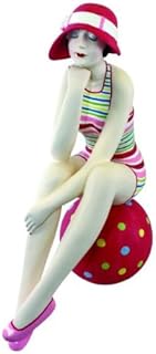 MY SWANKY HOME Retro Bathing Beauty Figurine Statue | 1920s Swim Suit Beach Ball Colorful Stripes