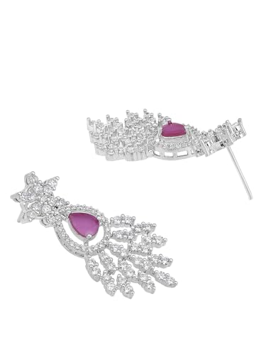 Image of ASMITTA Jewellery Rhodium Plated Silver American Diamond Studded Necklace with Purple Earrings Jewellery Set for Women & Girls