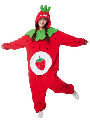 Supodon Strawberry Costume Adults Onesies Unisex Pajamas Cosplay Fruits Plush Halloween Jumpsuit for Men Women