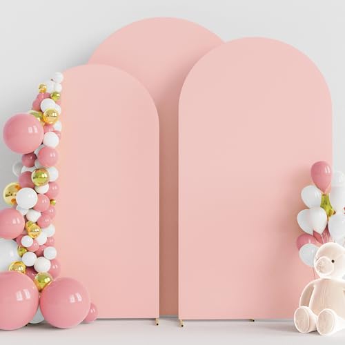Image of Wokceer Wedding Arch Cover (7.2FT, 6.6FT, 6FT) Set of 3 Spandex Fitted Wedding Arch Stand Covers for Round Top Chiara Arch Backdrop Stands Cover for Birthday Party Ceremony Banquet Decor Pale Pink