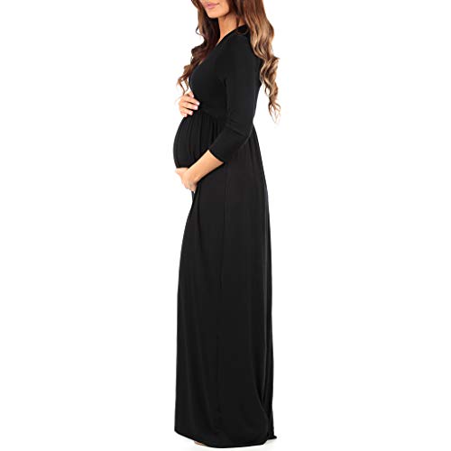 Mother Bee Maternity V-Neck 3/4 Sleeve Ruched Waist Dress Black #TOP2