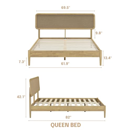 Image of NTC Lupin Wooden Bed Frame with Headboard, Solid Oak and Rubber Wood Foundation with Silent Slats and Wood Central Supports, 1000 Lb Capacity, Queen - Sand