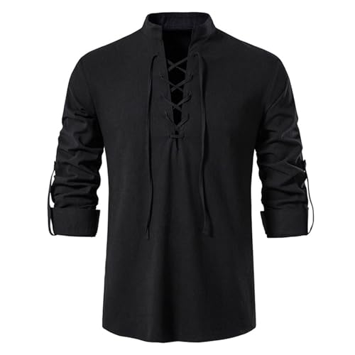 Men's Linen Cotton Shirt Soft Long Sleeve Lace Up Top Vintage Mock Neck Casual Fall Fashion Spring Henley Shirt