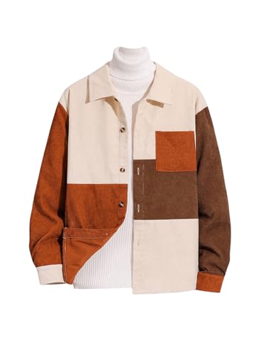 Image of Floerns Boy's Corduroy Collar Colorblock Long Sleeve Shacket Jacket Patchwork Pockets Woven Button Down Shirt
