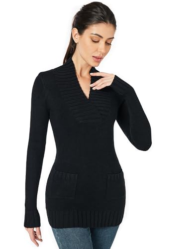 Image of AmelieBoutik Women Long Sleeve Casual Ribbed Neckline Knit Winter Pullover Sweater with Pocket(Black X-Large)