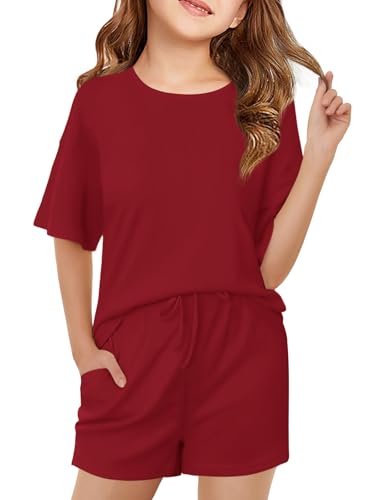 Image of Haloumoning Girls Summer 2 Piece Outfits Kids Oversized T Shirts and Shorts Clothing Sets 5-14 Years