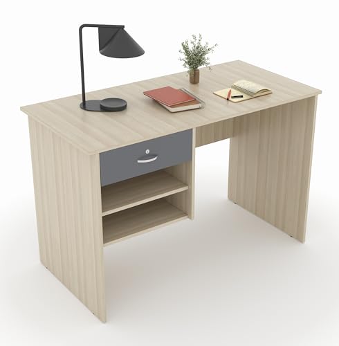 Image of 116x75x56CM Engineered Wood Verto Study & Office Table with Smooth Lockable Drawer and 2 Shelves for Storage | Sturdy, DIY Counter, Commercial Table- Acacia Light with Grey