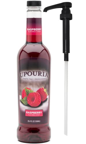 Upouria Raspberry Coffee Syrup Flavoring, 100% Vegan, Gluten-Free, Kosher, 750 mL Bottle - Coffee Syrup Pump Included