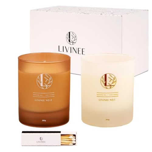 LIVINEE - 2 Duftkerzen als Geschenkset inklusive Streichhölzer | zwei handgegossene Premium Kerzen im Glas als Geschenkbox | natürliches Rapswachs