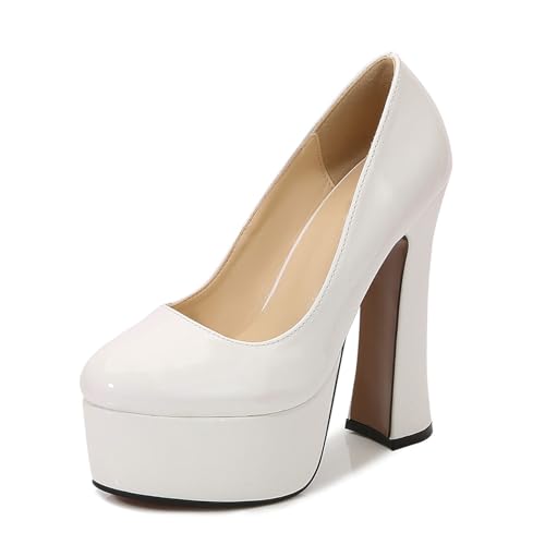 14CM / 5.51IN Zapatos de tacón Grueso para Mujer Zapatos de Plataforma Zapatos de tacón de Bloque de Punta Cerrada Vestido Tacón Alto Fiesta de Bodas Oficina Zapatos de tacón Alto,Blanco,38 EU
