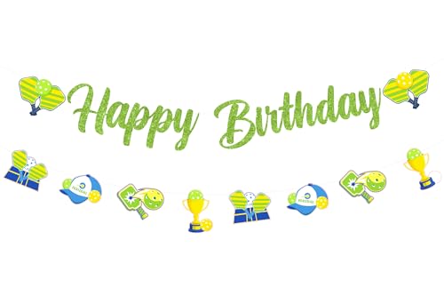 Cheereveal Pickleball Happy Birthday Banner with Garland - Funny Pickle Birthday Party Decorations, Sports Theme Party Supplies Decor