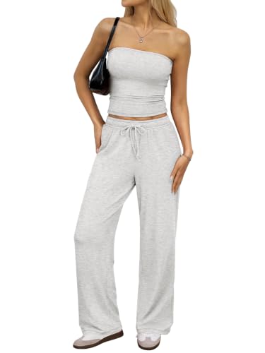 EasyGala Womens 2 Piece Matching Lounge Sets Crop Tube Tops Wide Leg Pants