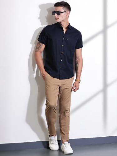 Image of Thomas Scott Men's Premium Slim Fit Casual Shirt | 100% Cotton Twill | Short Sleeves | Spread Collar | Solid Smart Casual Shirt for Men