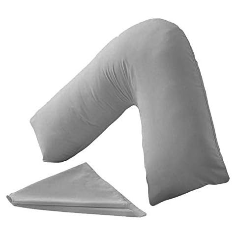 V Shaped Pillow with Free Thermal/Flannel V Pillowcase 100% Brushed Cotton Pillowcase Soft Warm Cosy ideal for Back & Neck Support, Maternity & Nursing Use Extra Filled Pillow 74 x 34cm (Grey) Cover