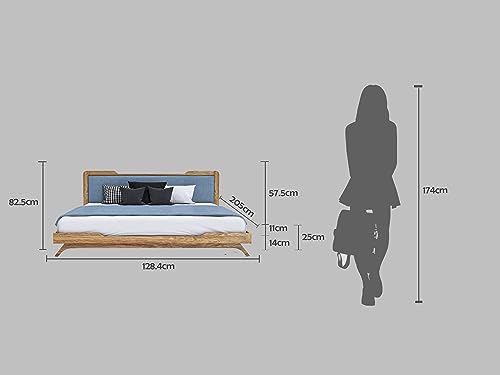 Image of Wooden Double Bed Without Storage | Low Height Cot with Blue Upholstered Cushion Headboard | Solid Wood Sheesham, Brown Finish | Mattress Size: 78 X 48