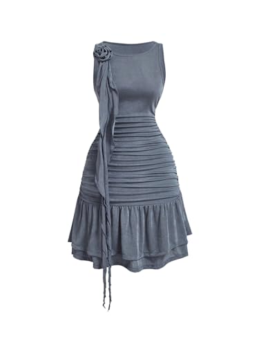 WDIRARA Women's 3D Floral Ruched Layered Ruffle Dress Sleeveless Short Tank Dress