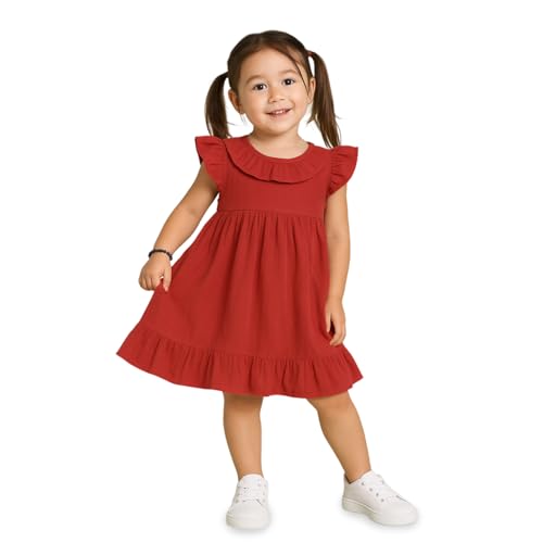 Image of Kidbea Baby Girls' Cotton Dress | Comfortable, Trendy Ruffled Sleeves & Hem, Soft Breathable Fabric for Everyday & Special Occasions