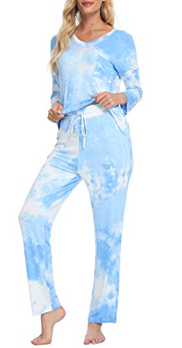 Invug Women Sleepwear Long Pajama Set V Neck Soft Two Piece Nightwear Lounge Pjs Tie-Die Blue White M