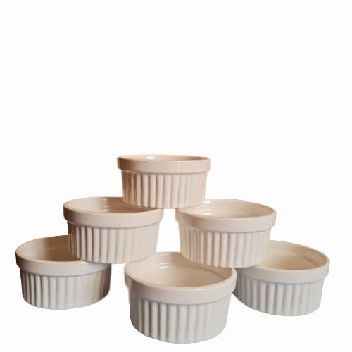 White Ceramic 100 ml Ramekin Set Of 6, Microwave & Dishwasher Safe for Baking And Serving Sauce/Chutney, Cup Cake, Dessert, Souffl, Creme Brulee