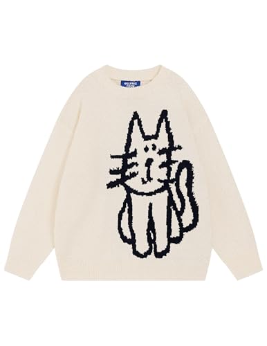 Aelfric Eden Women's Pullover Sweater Hand Drawn Cat Graphic Printed Oversized Sweater Fall Winter Fashion Couple Tops