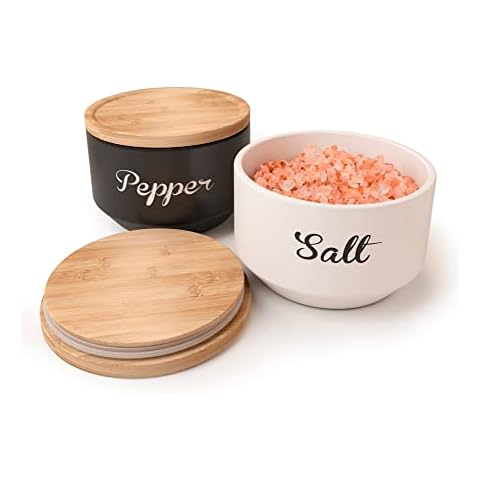 Salt and Pepper Bowls with Lid - Salt and Pepper Cellar Set with Airtight Wood Lids - Stacking Salt and Pepper Containers with Lid - Ceramic Salt and Pepper Set - Salt and Pepper Holder for Counter Cover