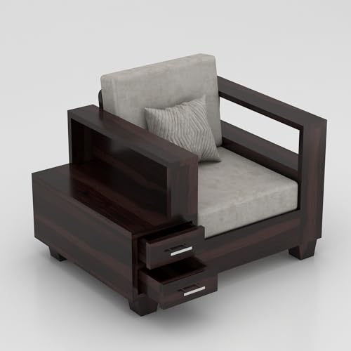Image of Sheesham Wooden 1 Seater Sofa Set for Living Room | Solid Wood Sofa with Side Box Storage & Cushion | Rosewood Sofa Set for Home & Office | Lounge (Walnut, 1 Seater)